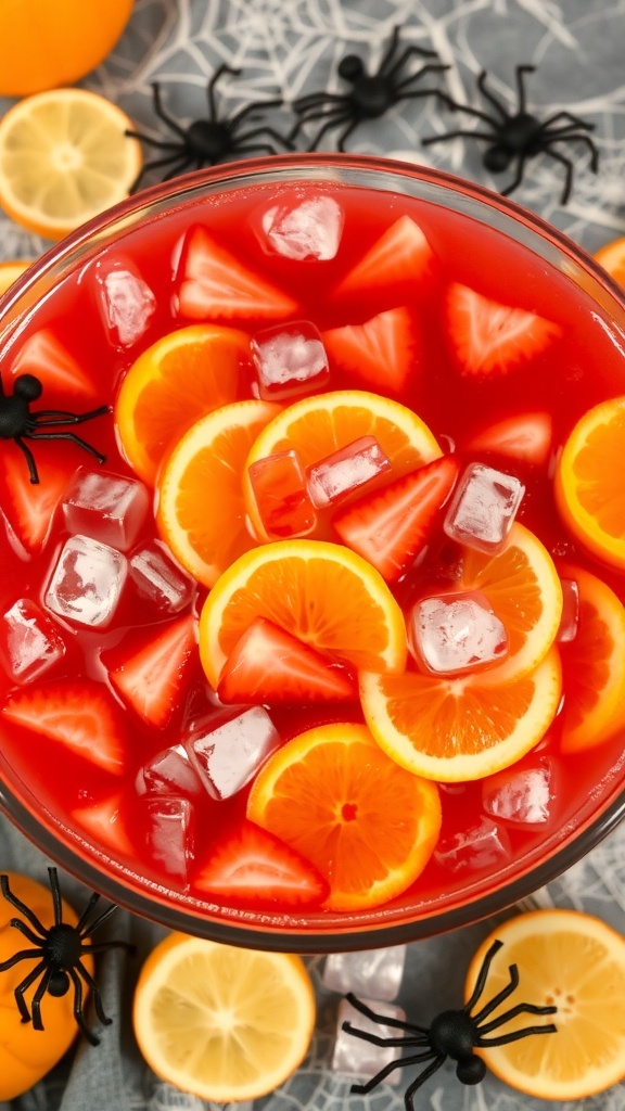 A colorful bowl of fruit punch with fruit slices and ice, decorated for Halloween.